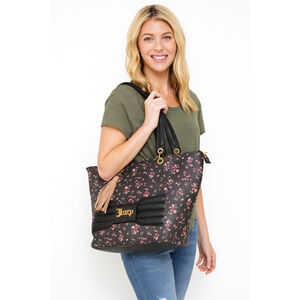 Y2K Juicy Couture Floral Tote Bag Black Pink Rose Print Dark Floral Faux Leather